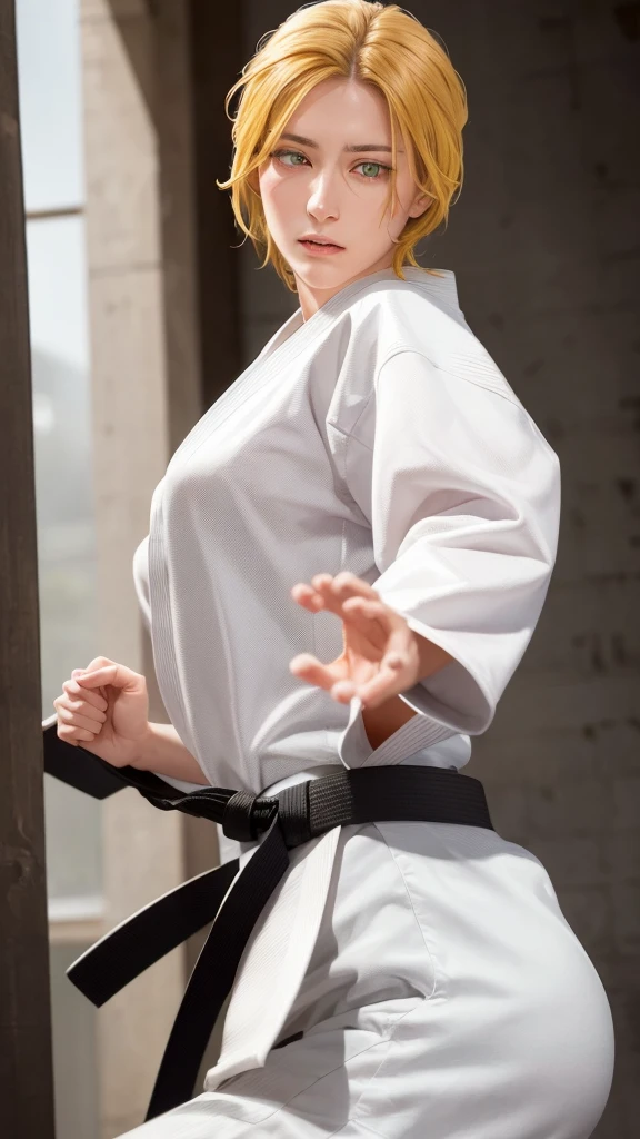 ((((masterpiece, best quality, high resolution)))), Extremely detailed 8K, 1 female, wearing a black Karate gi, (Ultra HD, Ultra-detailed, Highly detailed, Highly realistic, Ultra-realistic, photograph realistic), (1girl:1.5), (Realistic yellow hair), (dynamic poses), facing at camera, looking at viewer, (slightly serious face), (green eyes, sharp eyes), (perky breasts:1.2), (beautiful detailed face, beautiful detailed eyes), ((worn out karate gi)), (preparing for a fight), sweat, glow, (sunbeam, sunlight), ((cowboy shot)), inside a training gym, seductive