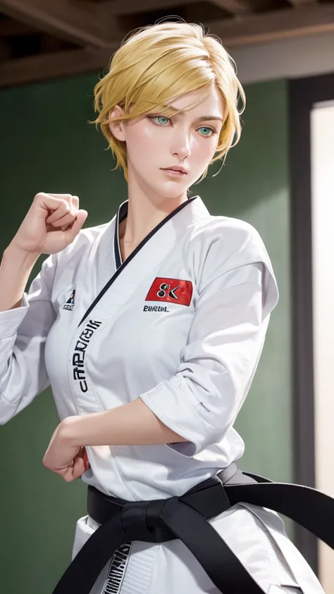 ((((masterpiece, best quality, high resolution)))), Extremely detailed 8K, 1 female, wearing a black Karate gi, (Ultra HD, Ultra...