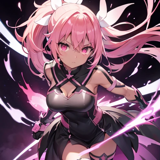 Black Dress、Side ponytail、pink hair、Red eye contact lenses、Breast size D、I can see the chest、（One Girl）Dark Skin , Dynamic Angle , Official Art , Are standing , Bottom View 
