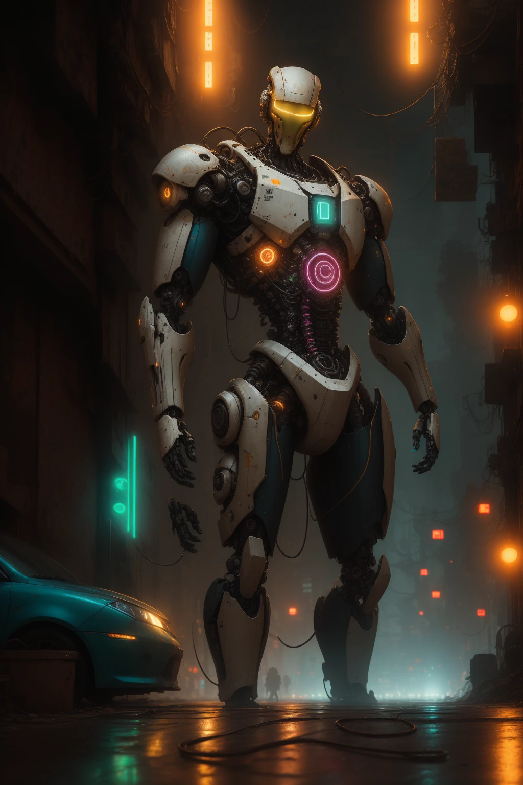 a robotic, metal body, neon lights on your body, cables, robotic mechanisms, dynamic pose, (Best Quality,4k,8k,high resolution,Masterpiece:1.2),ultra detailed,(realist,photorealist,photo-realist:1.37),cinematic lighting,Highly detailed mechanical parts,dynamic action pose,elegant metallic texture,bright neon reflections,intricate robotic features,advanced technology,futuristic cyberpunk,vibrant color palette