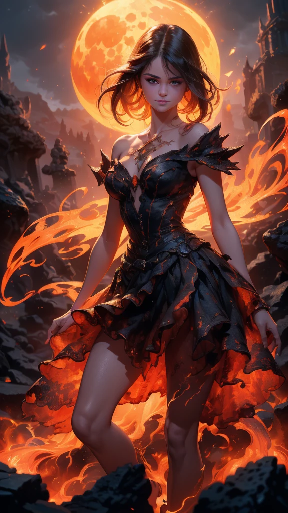 (La Best Quality,A high resolution,Ultra - detailed,current),Selena Gomez in a dress made of lava magma, (cabello elemento fuego:1.4 ) , (fire magma dress :1.4), Epic Fantasy Art Style HD, 4K fantasy art, epic fantasy digital art style, epic fantasy art style, Fantasy Woman, epic fantasy art portrait, Epic fantasy style, hyperrealistic fantasy art, hd fantasy art, Epic fantasy character art, epic fantasy art, in style of dark fantasy art, epic fantasy digital art,(Ruined dungeon ruins background:1.4 ), More detailed 8K.unreal engine:1.4,uhd,La Best Quality:1.4, photorealistic:1.4, skin texture:1.4, Masterpiece:1.8,first work, Best Quality,object object], (detailed face features:1.3),(The correct proportions),(Beautiful blue eyes),  (dynamic cowboy pose), (Selena Gomez :1.4), (perfect anatomy :1.4),( cinematic lighting :1.4), (face detailed Selena Gomez :1.4), (magma alas grandes :1.4),( magma lingerie lace style :1.4), (skirt lifted by itself: 1.1), (skirt lift: 1.3), (showing white panties: 1.3), (fire element:1.4),(It consists of a fire element, (rodeado de magma lava:1.4), (vestido de magma V2.1), (piedras grandes magma negro :1.4), (including wisps of flames:1.4) , glowing hot embers, (subtle curls of smoke:1.4) , and a beautiful fire druid. (The druid stands in the midst of a raging inferno with an interesting composition:1.4) .(lava :1.4), (essence of fire:1.4) , painting of a firery demon elemental, (fondo luna brillante grande :1.4) 