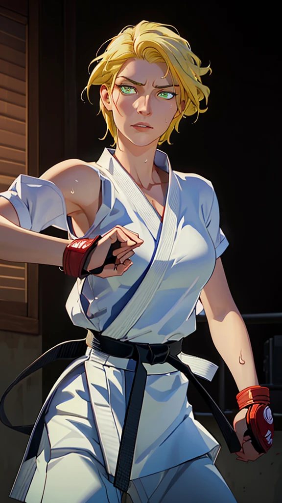 ((((masterpiece, best quality, high resolution)))), Extremely detailed 8K, 1 female, wearing a white Karate gi, (Ultra HD, Ultra-detailed, Highly detailed, Highly realistic, Ultra-realistic, photograph realistic), (1girl:1.5), (Realistic yellow hair), (dynamic poses), facing at camera, looking at viewer, (slightly serious face), (green eyes, sharp eyes), (perky breasts:1.2), (beautiful detailed face, beautiful detailed eyes), ((worn out karate gi)), (preparing for a fight), sweat, glow, (sunbeam, sunlight), ((cowboy shot)), inside a training gym, seductive, EnvyBetterHands LoCon,