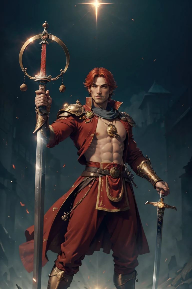 ((best qualityer)), ((work of art)), (detailded), man who represents the sign of libra, balance and justice, in one hand holding a sword and in the other holding a scale, dressed in a red outfit, and demonstrating, Strength and courage