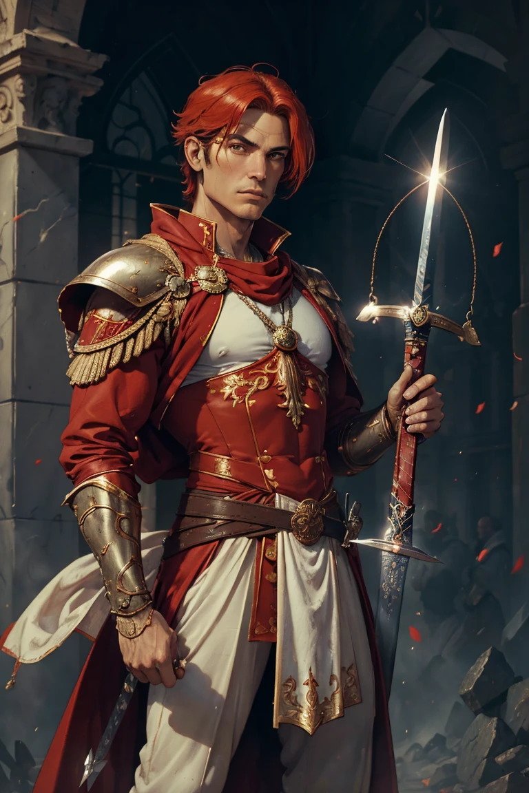 ((best qualityer)), ((work of art)), (detailded), man who represents the sign of libra, balance and justice, in one hand holding a sword and in the other holding a scale, dressed in a red outfit, and demonstrating, Strength and courage