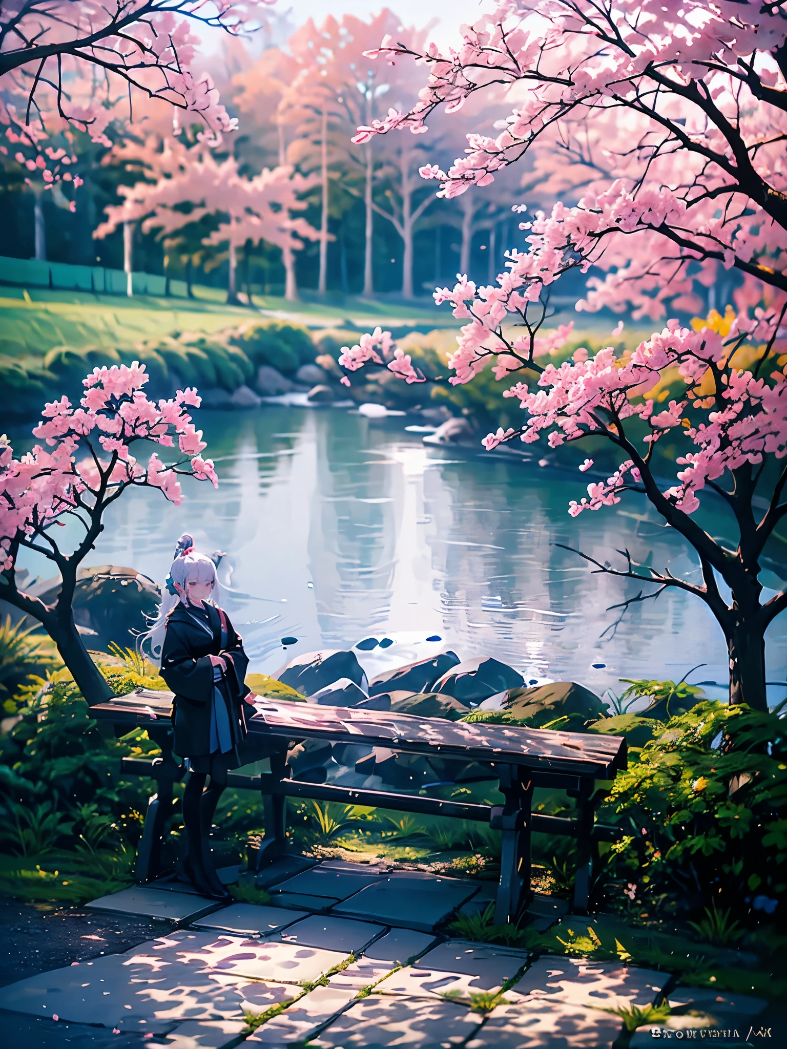 ((meilleure qualité)), ((oeuvre d&#39;art)), ((réaliste)),  d&#39;une beauté impeccable dans un jardin japonais serein avec des fleurs de cerisier à la hauteur des yeux, scénique, oeuvre d&#39;art, (haute résolution), original, extrêmement détaillé 8K , (photoréaliste:1.4),visage impeccable, perfectionne les yeux,Forme du corps symétrique,sourire, 