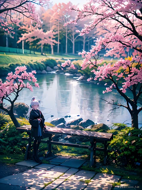 ((best qualityer)), ((work of art)), ((realisitic)),  with impeccable beauty in a serene Japanese garden with cherry blossoms at...