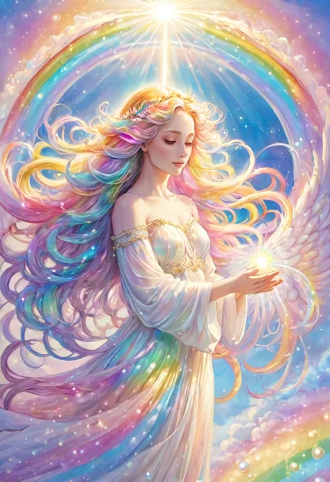 the birth of a beautiful angel, divine light, wrapped in light, pearl light born from a large pearl shell, long hair in pastel r...