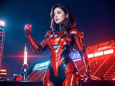 (RAW Photos, Highest quality), (Realistic, Photorealistic:1.3), 1 Girl、Realisticbody、Red and gold battle suit、Pyramid-shaped UFO...