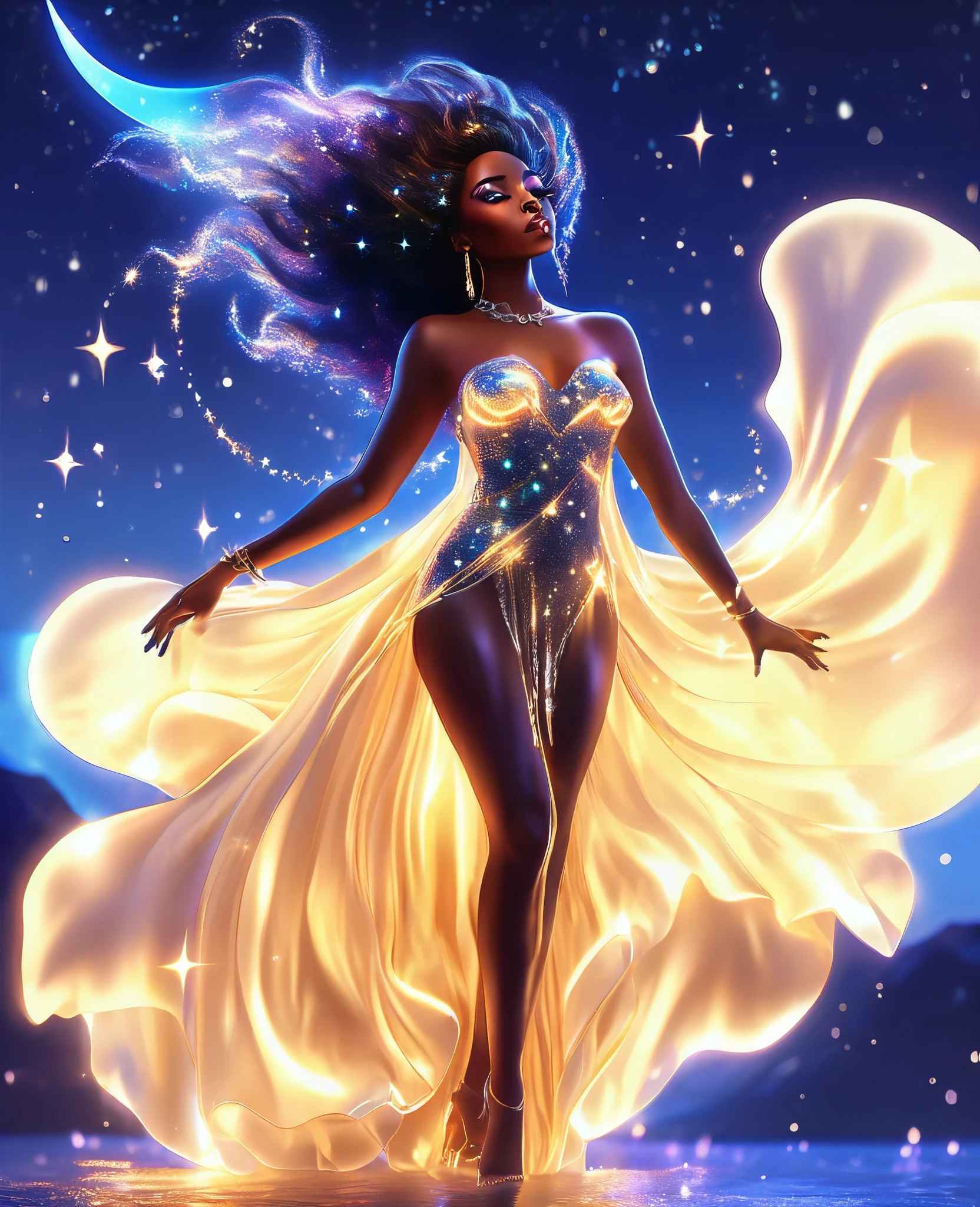 Une femme noire lumineuse formée entièrement de rayonnement, étoiles scintillantes, suspendu dans l&#39;étendue céleste, drapé dans un fluide, robe éthérée qui ondule avec sa propre vie. Son transparent, le corps étoilé scintille d&#39;une lumière d&#39;un autre monde, comme si elle était vivante, galaxie qui respire. Le ciel nocturne qui l&#39;entoure est illuminé de couleurs vibrantes, aurores boréales dansantes, ce qui reflète parfaitement le calme, océan au clair de lune ci-dessous. Créez un superbe, 32k, Ultra HD, image hyper réaliste qui capture la magie de cette scène enchanteresse, avec chaque étoile et chaque éclat qui brille.