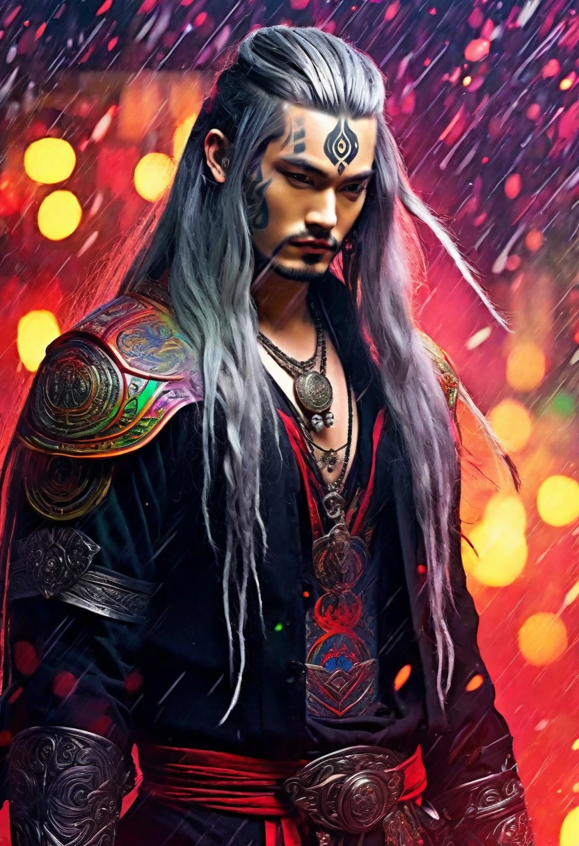 An ethereal sultryseductivedemonic 20 year old anime male druid with metallic long hair and tattoos, intimately holding and almost kissing a 20 year old anime male, anime druid demon male hellscape at night, manga inspired by Masashi Wakui, rainbow color palette, atmospheric fog, decay, worn textures, rain-soaked fantasy village, manga-style illustration --s 150 --ar 1:2 --c 5 Removed From Image