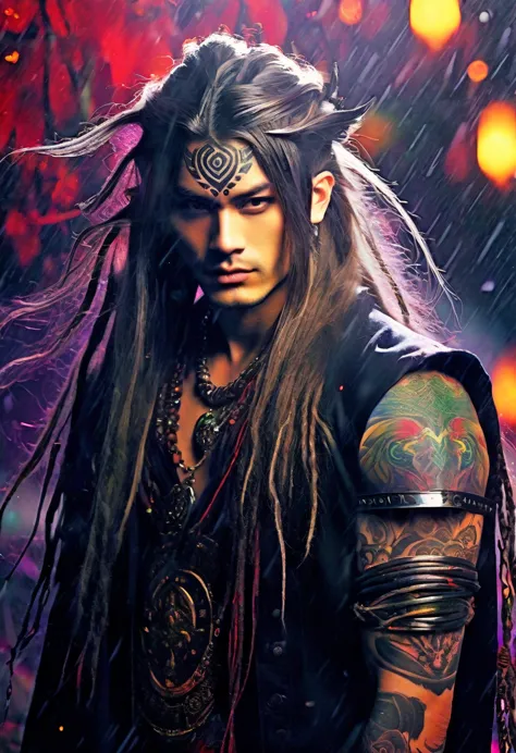 an ethereal sultryseductivedemonic 20 year old anime male druid with metallic long hair and tattoos, intimately holding and almo...