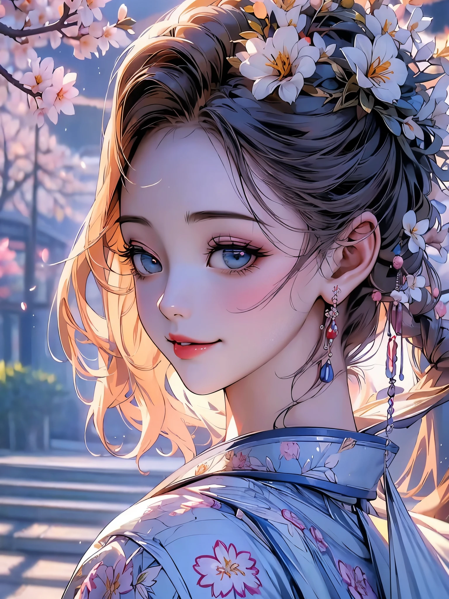 ((best qualityer)), ((work of art)), ((realisitic)),  with impeccable beauty in a serene Japanese garden with cherry blossoms at eye level, scenic, work of art, (high resolution), original, extremely detalheed 8K , (photorealisitic:1.4),flawless face, perfects eyes,symmetrical body shape,ssmile, 