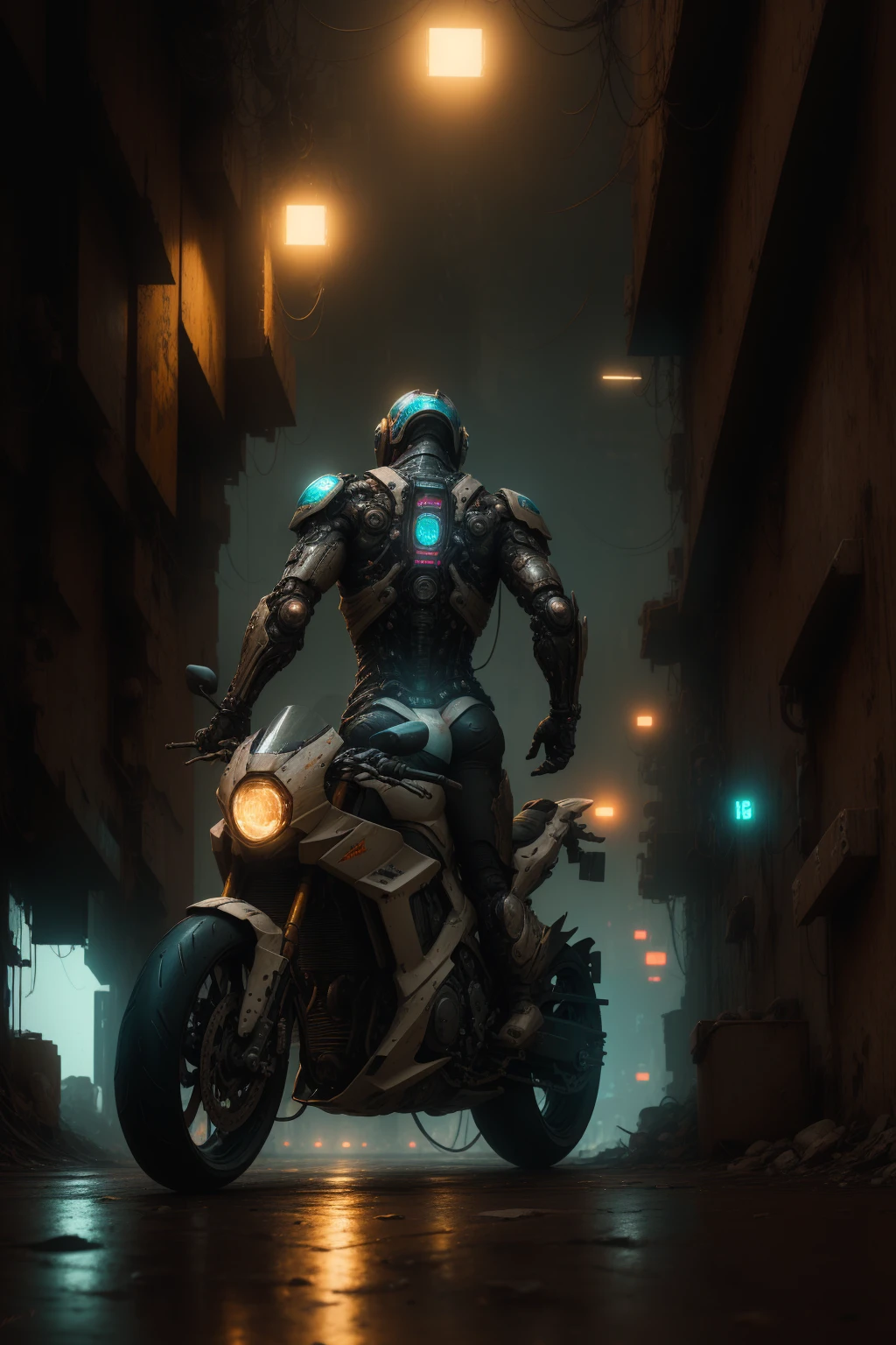 detailed cyberpunk motorcycle, futuristic motorcycle, riding on the road, motorcycle from behind view, 1 person riding motorcycle, intricate details, High resolution, 8k, Photorealistic, hyper detailed, cinematic lighting, dynamic motion blur, gritty urban environment, neon lights, glowing cybernetic elements, chrome accents, weathered texture, mecha-inspired design, complex machinery, industrial cityscape, moody color palette, (Best Quality,4k,8k,high resolution,Masterpiece:1.2),ultra detailed,sharp focus,(realist,photorealist,photo-realist:1.37), extremely fine,intricate details,intense lighting,dramatic lighting,changing lighting,cinematic lighting,chiaroscuro lighting,dramatic shadows,dramatic moments,vivid colors,intense colours,Deep contrast,cinematic depth of field,cinematographic composition,cinematic camera angle