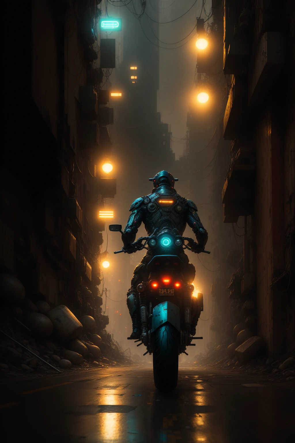 detailed cyberpunk motorcycle, futuristic motorcycle, riding on the road, motorcycle from behind view, 1 person riding motorcycle, intricate details, High resolution, 8k, Photorealistic, hyper detailed, cinematic lighting, dynamic motion blur, gritty urban environment, neon lights, glowing cybernetic elements, chrome accents, weathered texture, mecha-inspired design, complex machinery, industrial cityscape, moody color palette, (Best Quality,4k,8k,high resolution,Masterpiece:1.2),ultra detailed,sharp focus,(realist,photorealist,photo-realist:1.37), extremely fine,intricate details,intense lighting,dramatic lighting,changing lighting,cinematic lighting,chiaroscuro lighting,dramatic shadows,dramatic moments,vivid colors,intense colours,Deep contrast,cinematic depth of field,cinematographic composition,cinematic camera angle