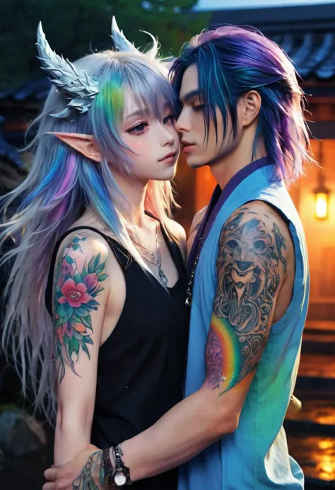 an ethereal sultryseductivedemonic 20 year old anime male druid with metallic long hair and tattoos, intimately holding and almo...