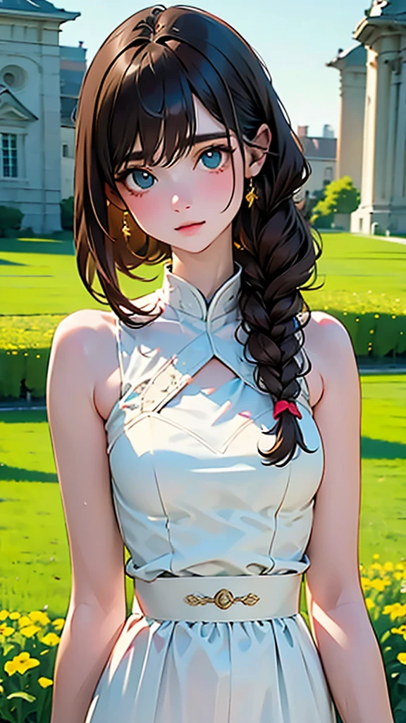 Realistic, High resolution, Soft Light,1 female, １６Year、、Japanese、alone, Hips rise high, Glowing Skin, (Detailed face),jewelry, Brown Hair,French Braid、white_Dress Flower Field,(Dynamic Angle:1.1),wonderful,Soft and warm color palette, Delicate brushwork, The right use of light and shadow, Wide Shot,The taste of withered flowers,High Contrast,Color contrast,Masseter muscle area:1.3