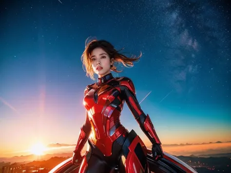 (raw photos, highest quality), (realistic, photorealistic:1.3), 1 girl、realisticbody、red and gold battle suit、pyramid-shaped ufo...