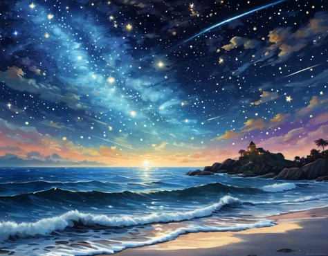 starry sky and stars in the sky, stars and paisley filled sky, sky strewn with stars, starry sky, night sky and stars, ocean pat...