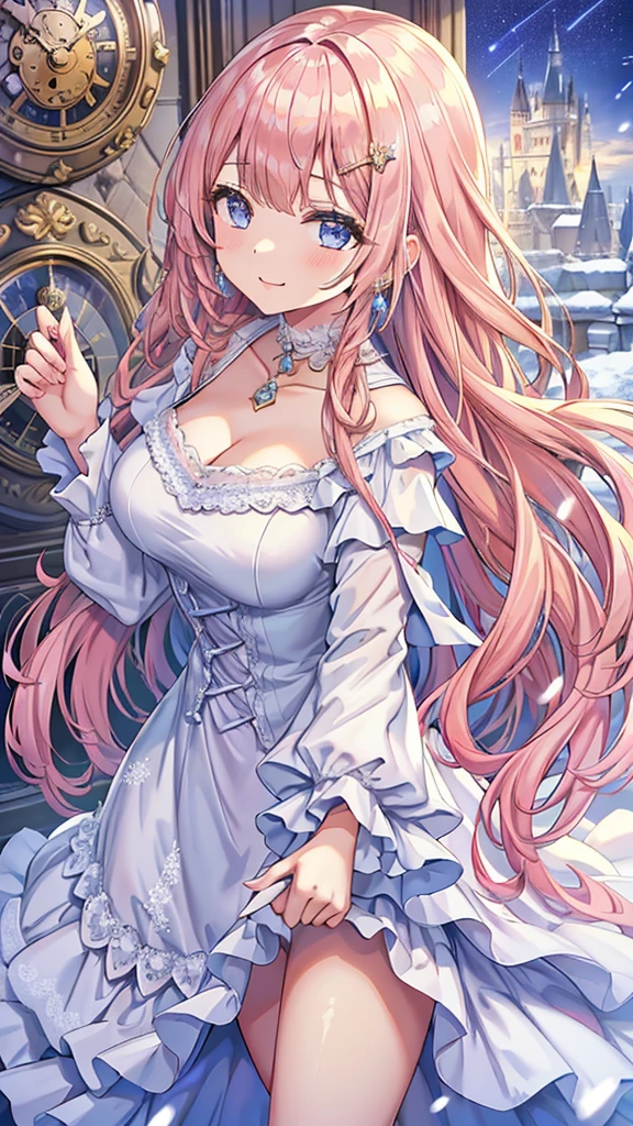 Masterpiece、Highest quality、Super detailed、1 girl、Light pink hair、Fluffy and soft long hair、Starry Skyのような瞳、Big Tits、Cleavage、Castle、snow、12 o'clock clock clock、Starry Sky、Shimmering dresses、smile、Earrings、choker、Lace cape、Light blue fluffy dress