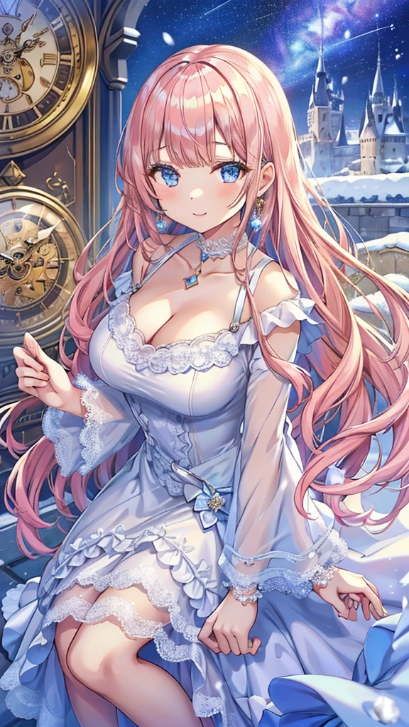 Masterpiece、Highest quality、Super detailed、1 girl、Light pink hair、Fluffy and soft long hair、Starry Skyのような瞳、Big Tits、Cleavage、Castle、snow、12 o'clock clock clock、Starry Sky、Shimmering dresses、smile、Earrings、choker、Lace cape、Light blue fluffy dress