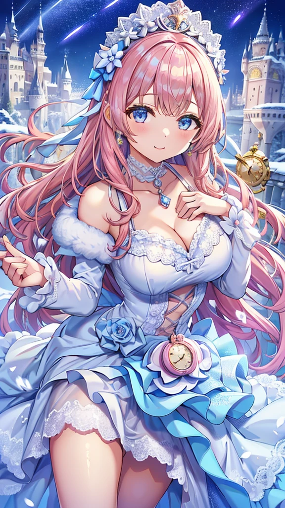 Masterpiece、Highest quality、Super detailed、1 girl、Light pink hair、Fluffy and soft long hair、Starry Skyのような瞳、Big Tits、Cleavage、Castle、snow、12 o'clock clock clock、Starry Sky、Shimmering dresses、smile、Earrings、choker、Lace cape、Light blue fluffy dress