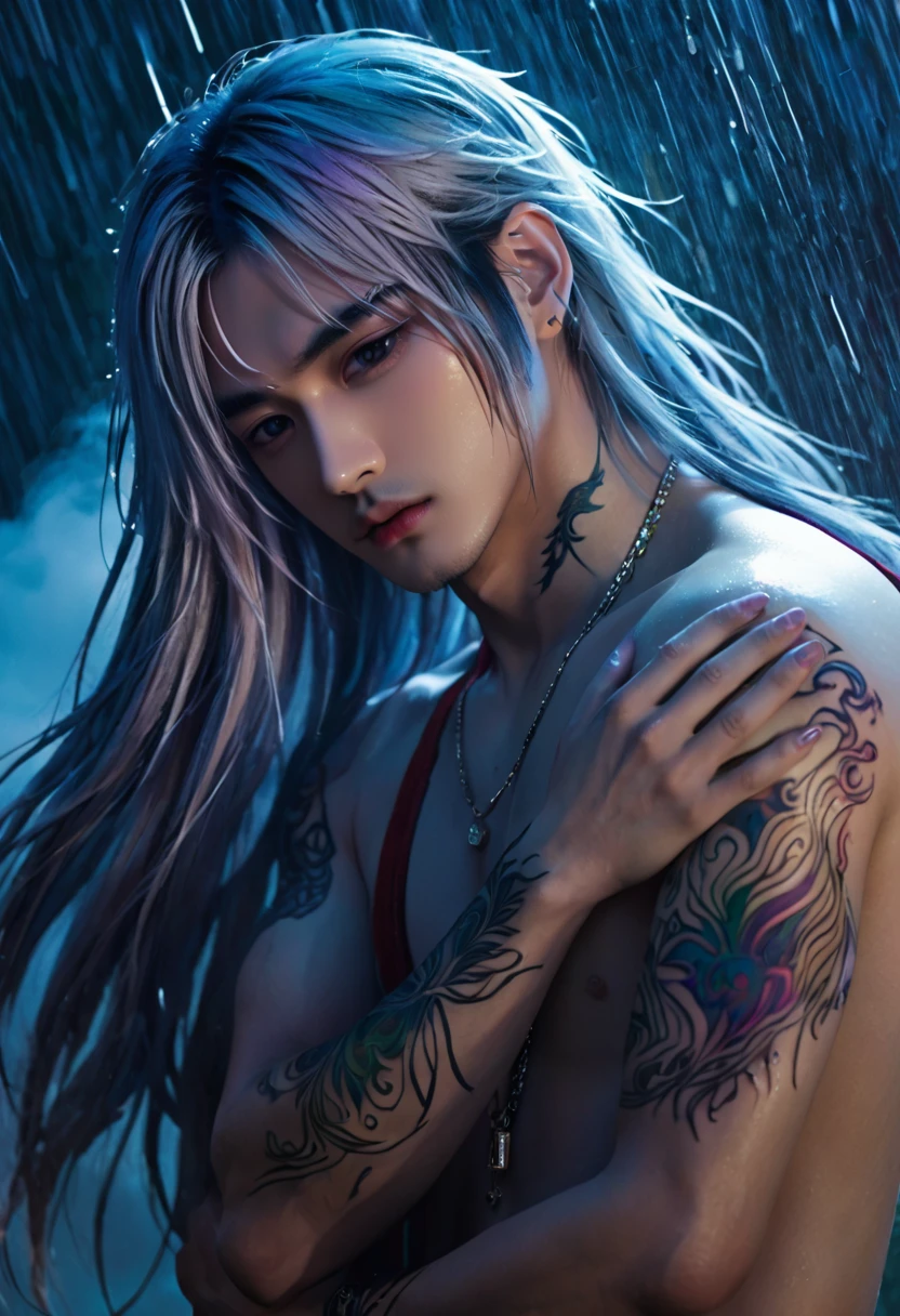 An ethereal sultryseductivedemonic 20 year old anime male druid with metallic long hair and tattoos, intimately holding and almost kissing a 20 year old anime male, anime druid demon male hellscape at night, manga inspired by Masashi Wakui, rainbow color palette, atmospheric fog, decay, worn textures, rain-soaked fantasy village, manga-style illustration --s 150 --ar 1:2 --c 5 Removed From Image