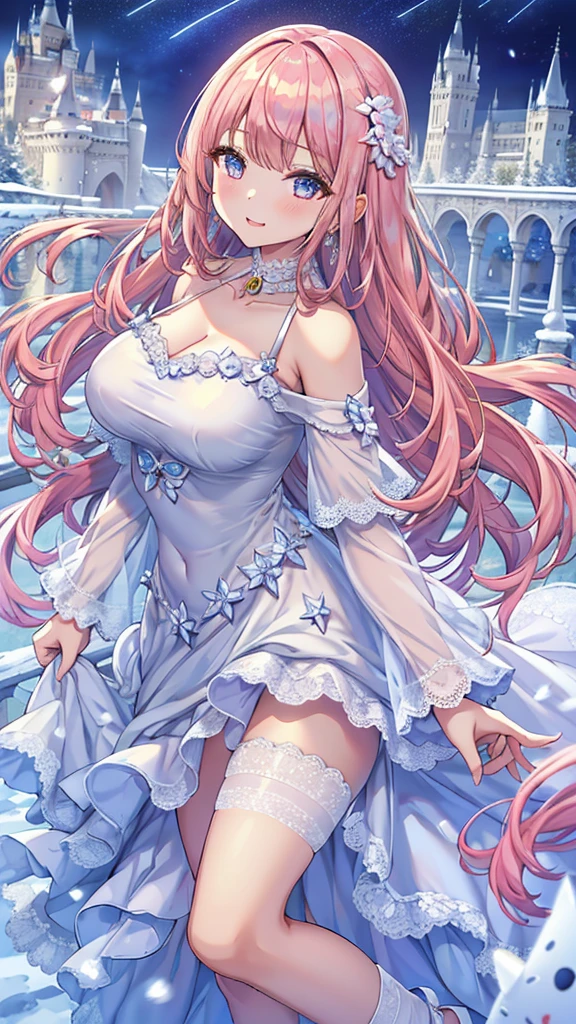 Masterpiece、Highest quality、Super detailed、1 girl、Light pink hair、Fluffy and soft long hair、Starry Skyのような瞳、Big Tits、Cleavage、The underboob is visible、Lace Underwear、Castle、snow、Starry Sky、Shimmering dresses、smile、Earrings、choker、Lace cape、Light blue fluffy dress、