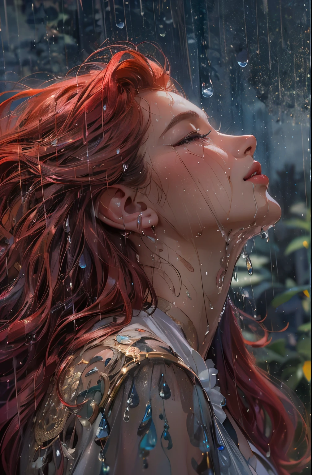a close up picture of a woman's face looking towards the sky, as she looks up the (rain drops: 1.3) fall on her face, a very beautiful woman, long hair, blonde red hair, wavy hair, wet hair, closed eyes, she wears an elegant, intricate dress, there is a sense of joy on her face, an urban street at night. cloudy night,