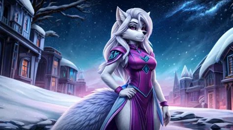 skye from paw patrol, as a female snow vixen, mature adult, anthro, short white hair, magenta eyes, ice queen, standing, serious...