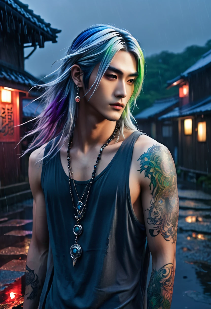 An ethereal sultryseductivedemonic 25 year old anime male druid with metallic long hair and tattoos, intimately, anime druid demon male hellscape at night, manga inspired by Masashi Wakui, rainbow color palette, atmospheric fog, decay, worn textures, rain-soaked fantasy village, manga-style illustration --s 150 --ar 1:2 --c 5 Removed From Image