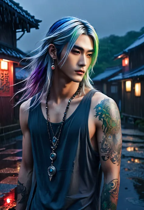 An ethereal sultryseductivedemonic 25 year old anime male druid with metallic long hair and tattoos, intimately, anime druid dem...