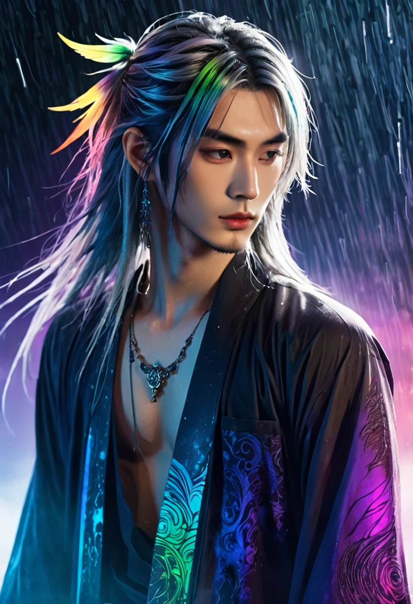 An ethereal sultryseductivedemonic 25 year old anime male druid with metallic long hair and tattoos, intimately, anime druid demon male hellscape at night, manga inspired by Masashi Wakui, rainbow color palette, atmospheric fog, decay, worn textures, rain-soaked fantasy village, manga-style illustration --s 150 --ar 1:2 --c 5 Removed From Image