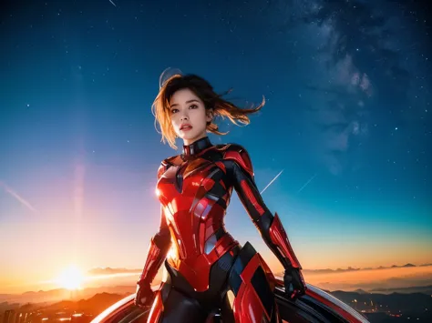 (RAW Photos, Highest quality), (Realistic, Photorealistic:1.3), 1 Girl、Realisticbody、Red and gold battle suit、Pyramid-shaped UFO...