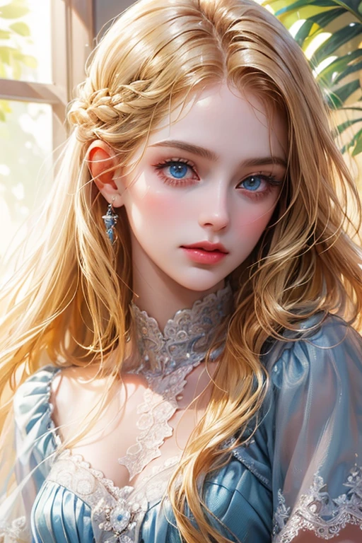 high qualiy, best qualityer, photo-realisitic, raw-photo, realisitic, ultra realisitic 8k cg, ultra detali, High definition, work of art, 1 girl, long hair, hair blonde, blue colored eyes, face and eyes detail, close up, details Intricate, detailed texture, finely detailled,