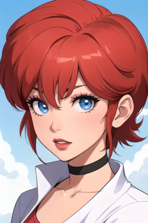Ranma-chan. very short hair. choker. blue eyes. red hair. red lips. tshirt. a photo of a face in the vicinity. 

