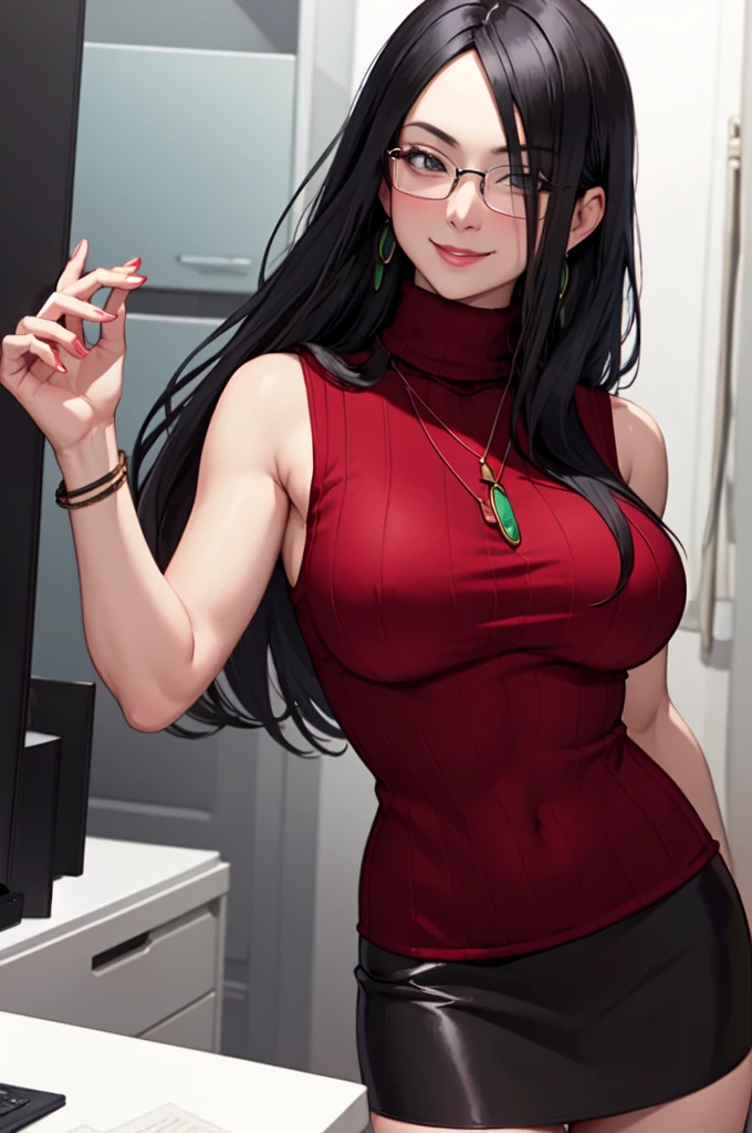 masterpiece, best quality, minazukikyouko, black hair, glasses, necklace, earrings, red sweater, turtleneck, sleeveless, black miniskirt, large breasts, upper body, looking at viewer, doctor's office, smile, mischievous 