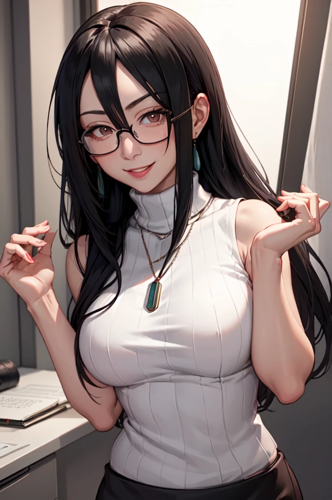 masterpiece, best quality, minazukikyouko, black hair, glasses, necklace, earrings, red sweater, turtleneck, sleeveless, black miniskirt, large breasts, upper body, looking at viewer, doctor's office, smile, mischievous 