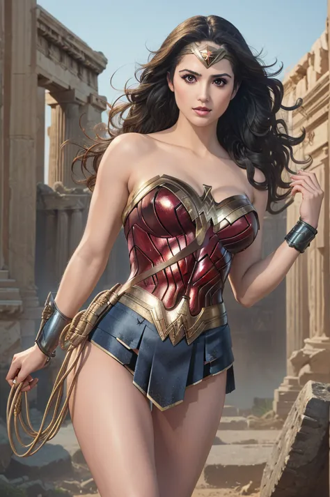 Art image of Laura Marano as Wonder Woman, busty, beautiful, black hair, large breasts, ancient Athens background, by Louis Royo...