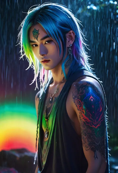 An ethereal sultryseductivedemonic 20 year old anime male druid with metallic long hair and tattoos, intimate glowing neon tatto...