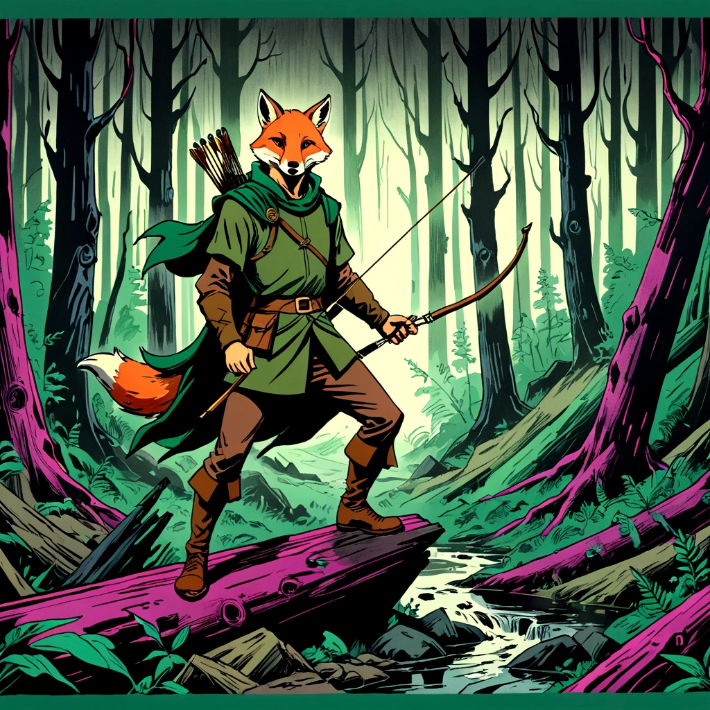 Fuchs Robin Hood, Archer, animiert, Handgemalt, Rotoskop, filmisch, ausdrucksvoll,  Figur im Tintenstil, apokalyptischer russischer dichter Wald, VHS, Panne, verzerrt, Nostalgie, 90er-Retro-Vibes, analoges Band, Ästhetik des Videorecorders, tv, Fernsehen, Handgemalt, (volle Roygbiv-Farbe) ink charcoal ausdrucksvoll illustration, keine Lichtquelle, Dunkelheit, Lichtmaske mit UV-Strahlen über das Gesicht, Splash-Seite