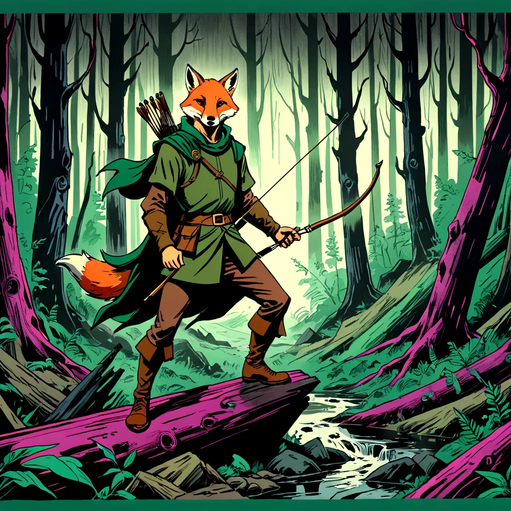 fox robin hood, Archer, animated, hand drawn, rotoscope, cinematic, expressive,  ink style figure, apocalyptic russian dense for...