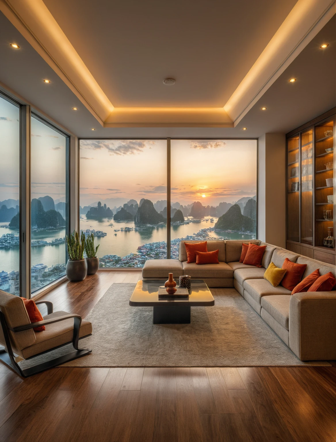 Raw photo,Masterpiece, high quality, best quality, authentic, super detail, interior, livingroom style modern, sunset, evening light, sofa, tea table, carpet, flower vase on tea table, wine bottle, tray, armchair, wine cabinet, books, glass cabinet doors, snake plant pot, downlight, windows overlooking the sunset halong bay, wooden floor, 