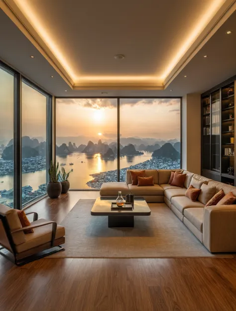 raw photo,masterpiece, high quality, best quality, authentic, super detail, interior, livingroom style modern, sunset, evening l...