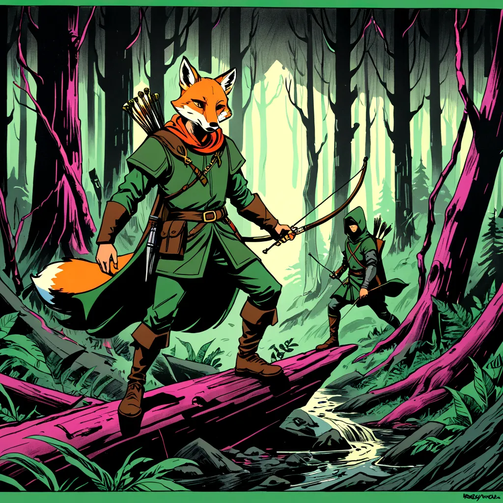 fox robin hood, archer, animated, hand drawn, rotoscope, cinematic, expressive,  ink style figure, apocalyptic russian dense for...