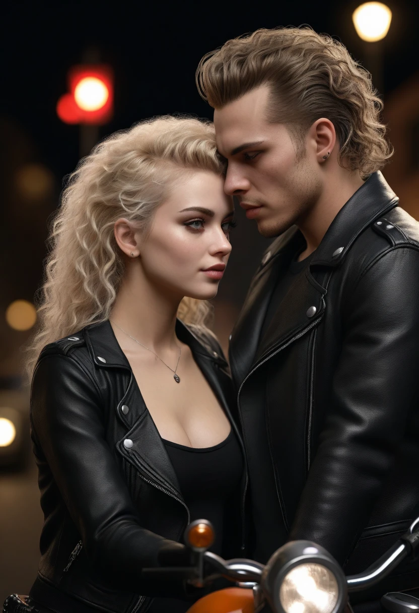 8 k, Best quality, masterpiece, Ultra high resolution, (Realism: 1.4), original photo, (realistic skin texture: 1.3), (Granularity: 1.3), girl and guy dark style punks couple in love couple on a motorcycle facial details, masterpiece, Best quality, (((I look at the viewer))) night girl blonde arena with curly hair