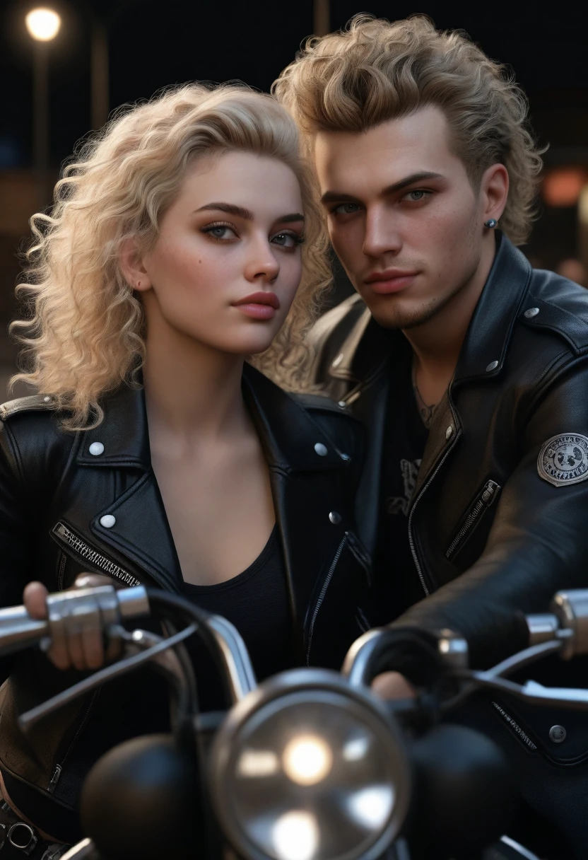 8 k, Best quality, masterpiece, Ultra high resolution, (Realism: 1.4), original photo, (realistic skin texture: 1.3), (Granularity: 1.3), girl and guy dark style punks couple in love couple on a motorcycle facial details, masterpiece, Best quality, (((I look at the viewer))) night girl blonde arena with curly hair