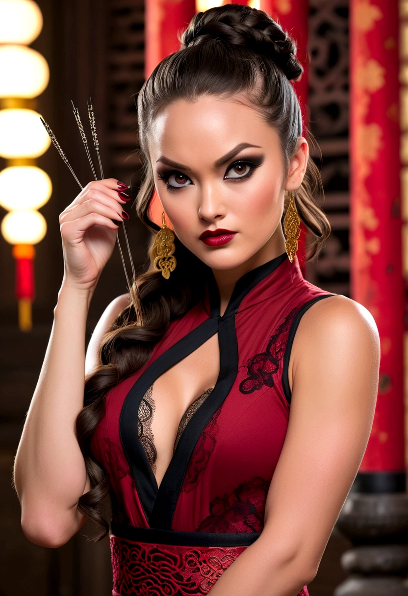 Tori Black asian ninja warrior holding sharp hairpins, ringlets wavy five  feet l - SeaArt AI