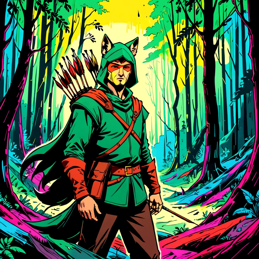 fox robin hood, Archer, animated, hand drawn, rotoscope, cinematic, expressive,  ink style figure, apocalyptic russian dense forest, VHS, glitch, distorted, nostalgia, 90's retro vibes, analog tape, vcr aesthetics, tv, television, hand drawn, (full roygbiv color) ink charcoal expressive illustration, no light source, darkness, light mask uv rays across face, splash page