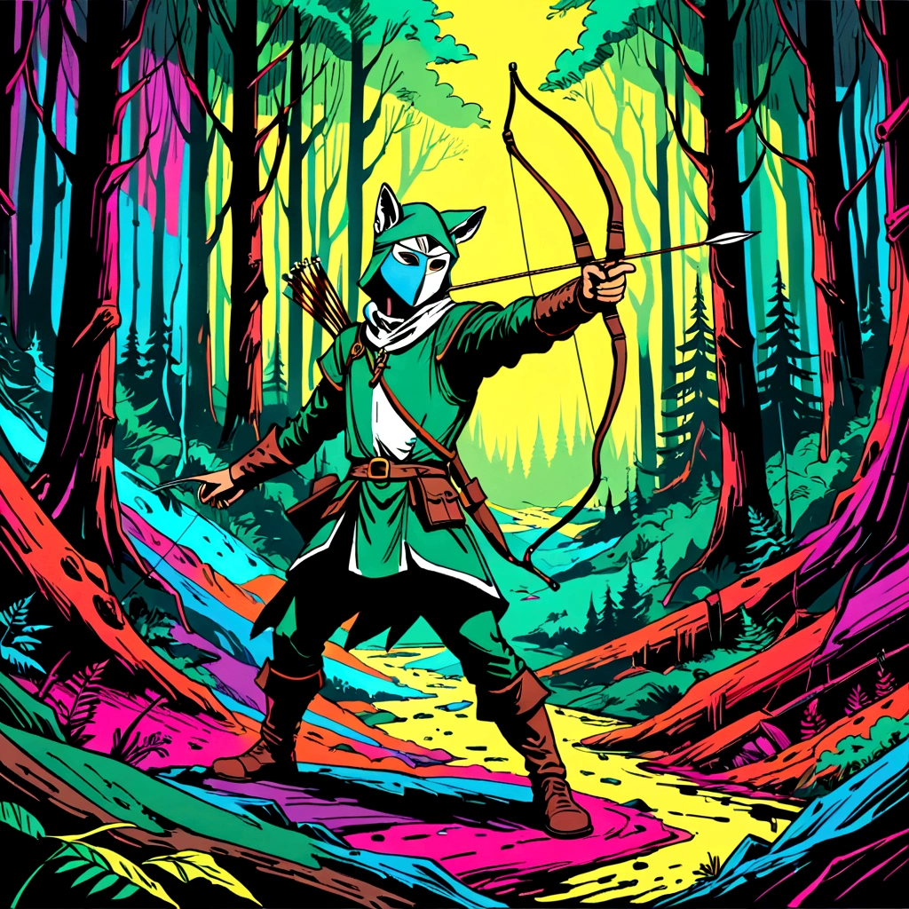 Fuchs Robin Hood, Archer, animiert, Handgemalt, Rotoskop, filmisch, ausdrucksvoll,  Figur im Tintenstil, apokalyptischer russischer dichter Wald, VHS, Panne, verzerrt, Nostalgie, 90er-Retro-Vibes, analoges Band, Ästhetik des Videorecorders, tv, Fernsehen, Handgemalt, (volle Roygbiv-Farbe) ink charcoal ausdrucksvoll illustration, keine Lichtquelle, Dunkelheit, Lichtmaske mit UV-Strahlen über das Gesicht, Splash-Seite