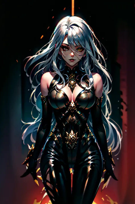 completely black body(#0000) **demon woman** with **red eyes** with golden cat pupils, long silver hair, **two pairs two pairs o...